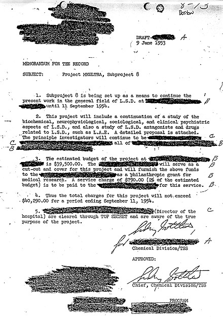 A typed document page with many passages blacked out and two handwritten signatures near the bottom